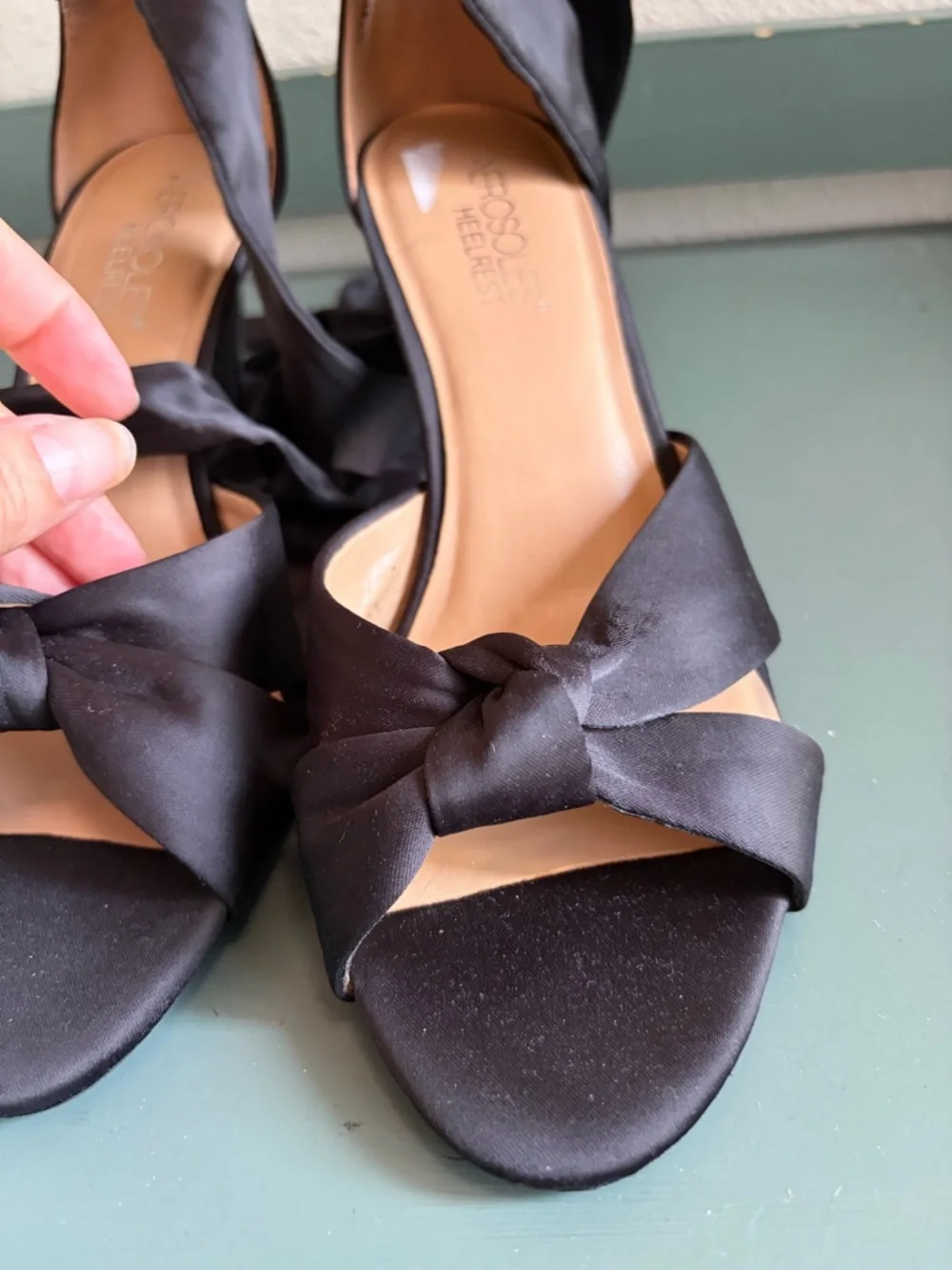 AEROSOLES Black Satin Heelrest Ankle Tie Heels - Picture 9 of 13